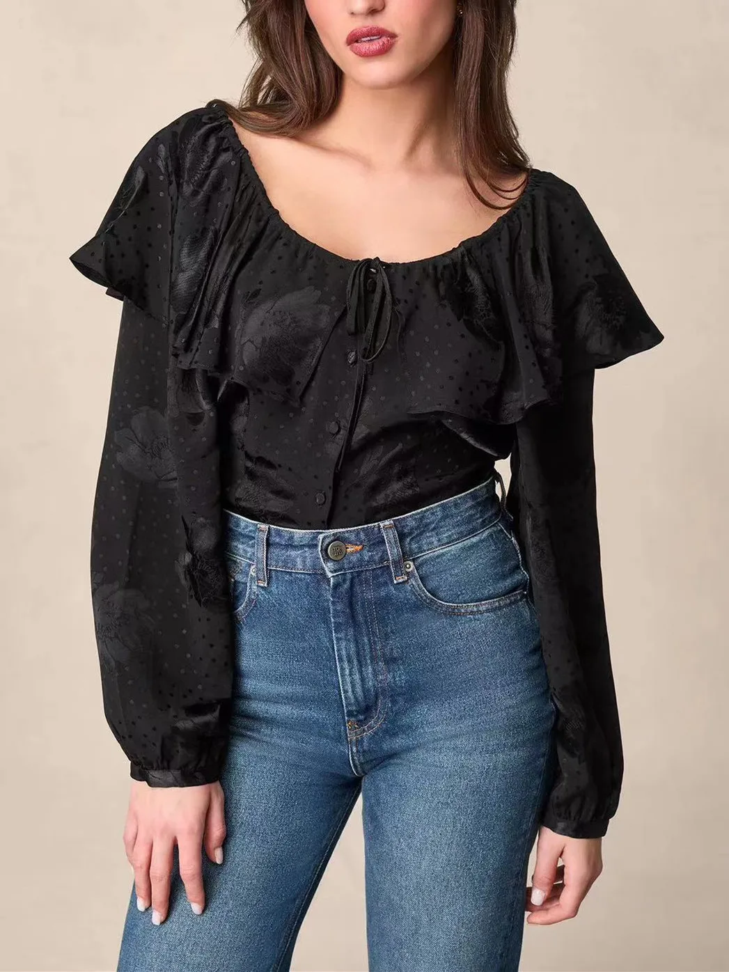 Jacquard Weave Women Black Casual Blouse Long Sleeve Single Breasted Ruffles Turn-Down Collar 2024 New Lady 100% Viscose Shirt