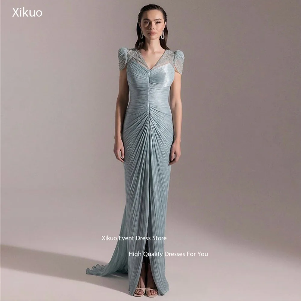 Xikuo lindo decote em v chiffon vestidos de noite ruched mangas boné vestido de baile shimmer alta fenda vestidos de ocasião especial personalizados