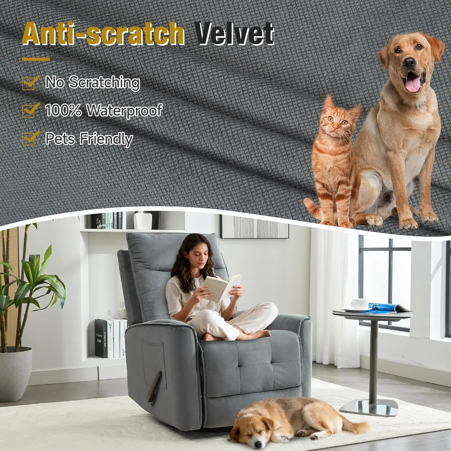 Swivel Rocker Recliner Chair for Adults, Glider Rocking Chair for Nursery, Small Recliner Chair for Small Spaces, RV, Living Roo