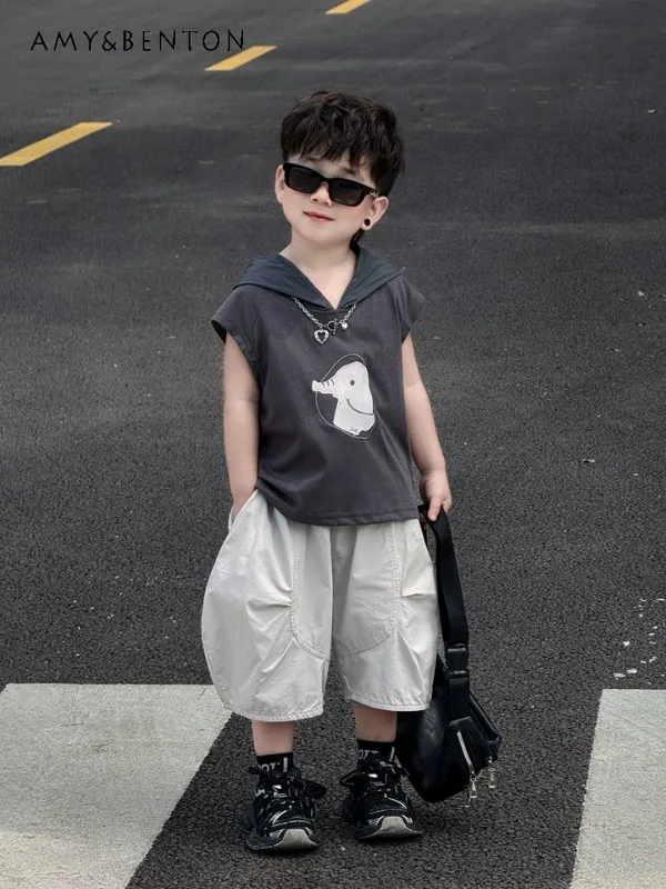 

2026 Summer Light and Soft Boys' Elephant Print Hooded Tank Top and Shorts Set Casual Handsome Sleeveless 2-Piece Outfit