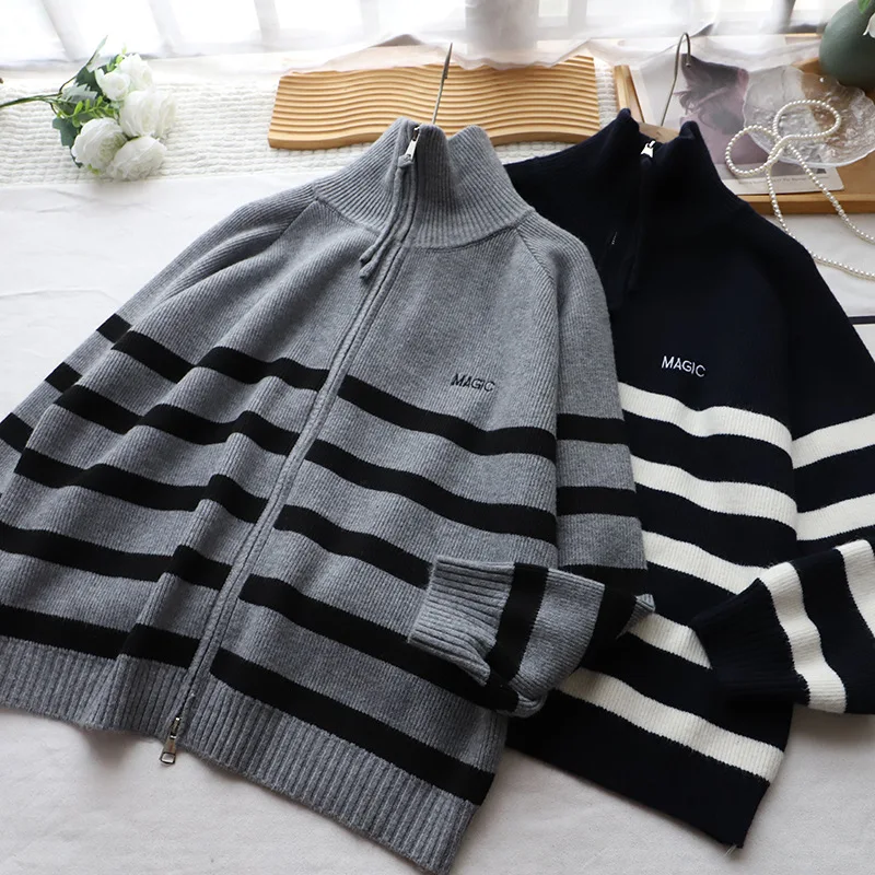 Cárdigan abierto de punto con doble cremallera a rayas coreanas para mujer, suéter versátil holgado y adelgazante para invierno, Jaet Lazy Sle