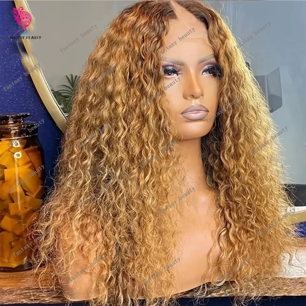 

Парик с V-образной частью, 250% плотность, омбре, медово-золотистый блонд, пышные кудри, из 100% необработанных индийских человеческих волос, с эффектом водной волны, U-образные парики, полный объем