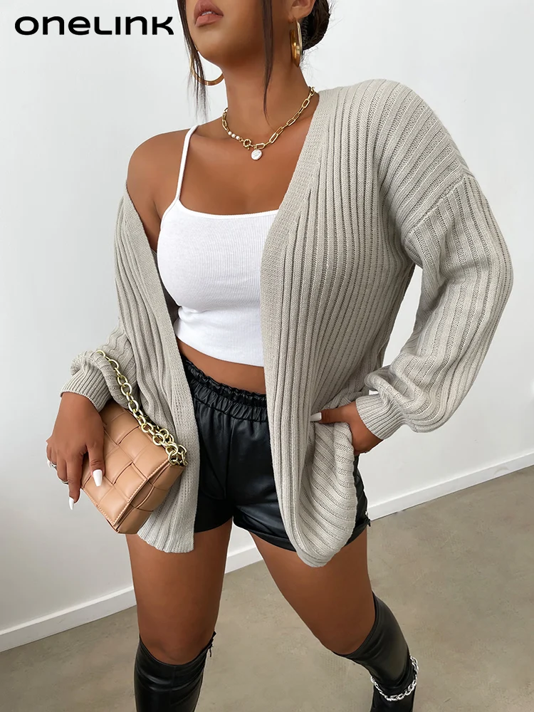 Onelink Light Grey Quater Brioche Stitch Long Sleeve Plus Size Women Open Cardigan Sweater Oversize Clothing Autumn Winter 2022