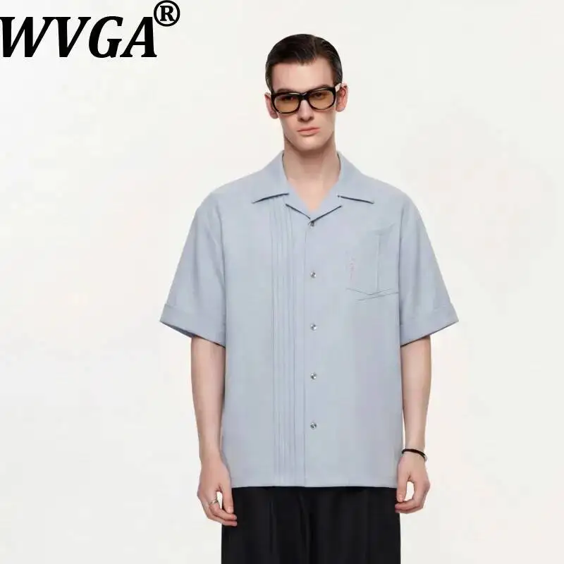 WVGA Summer New Men Pleated Irregular Pocket Trendy Short Sleeve Shirt Niche Chic Casual Unique Turn-Down Collar Tops Ins W25621