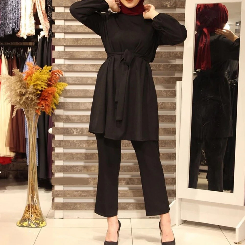 Muslim Fashion For Work Muslim Women Abaya Set Women Office Outfit Spring Waist Solid Color Female Muslim Sets
