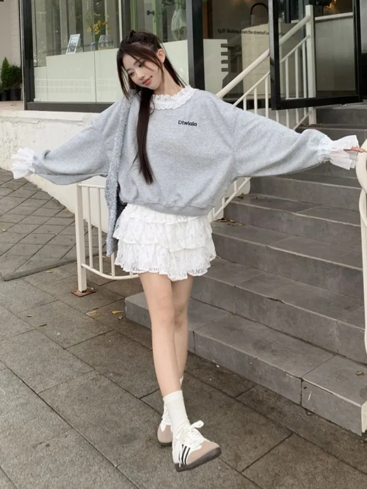 Deeptown Korean Fashion Sweatshirts Women Kpop Sweet Girl Gray Lace Patchwork Hoodies Female Coquette Aesthetic Long Sleeve Tops