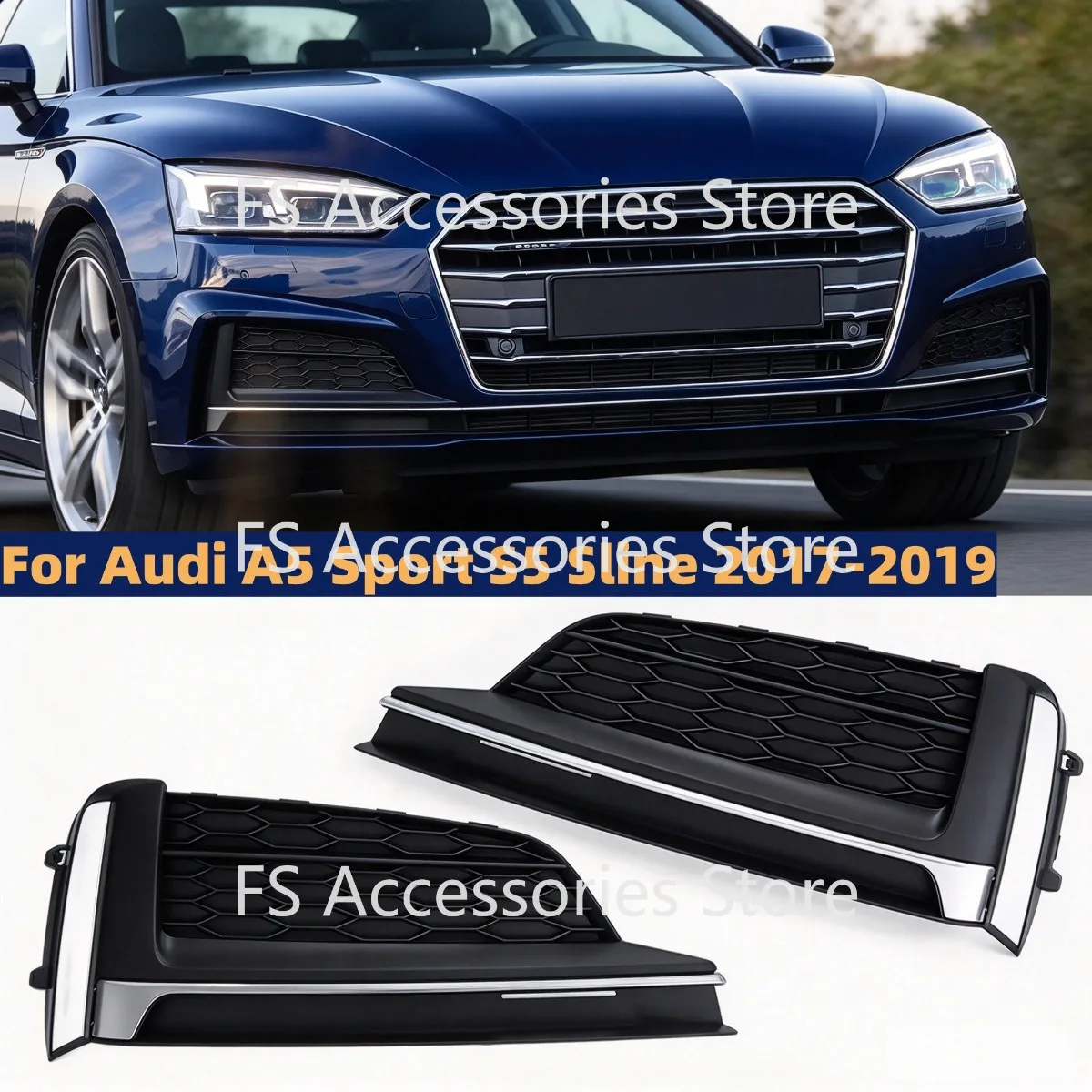 Left&Right Car Front Bumper Fog Lamp Light Trim Grille Cover For Audi A5 Sport S5 Sline Honeycomb Mesh 8W6807681F 2017-2019