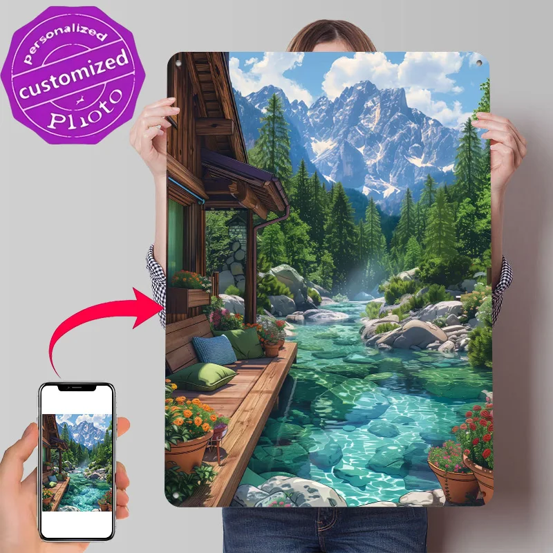 Póster con Textura Impresa en 3D de River House Mountain, Arte de Pared Personalizado, Letreros Metálicos Retro para Decoraciones Vintage, Placa Personalizada