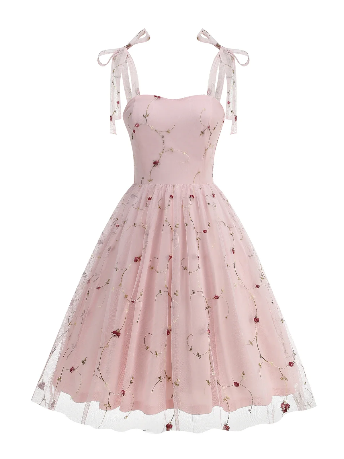 

2025 Fit and Flare Luxury Embroidered Mesh Vintage Dress Elegant Cocktail Knot Straps Summer Women Birthday Party 50s Dresses