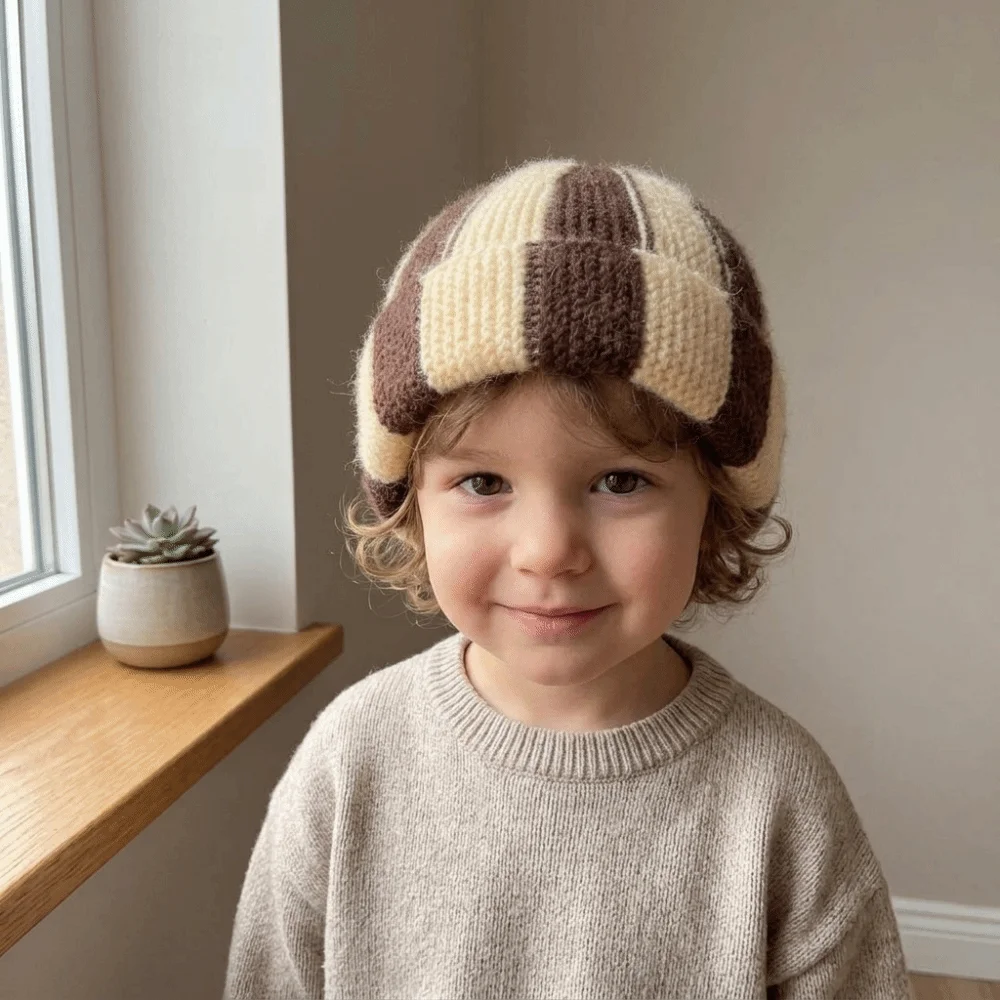 Lovely Patchwork Striped Beanie Hat Thick Soft Knitted Cap Windproof Watermelon Hat Children Warm Hat Cycling