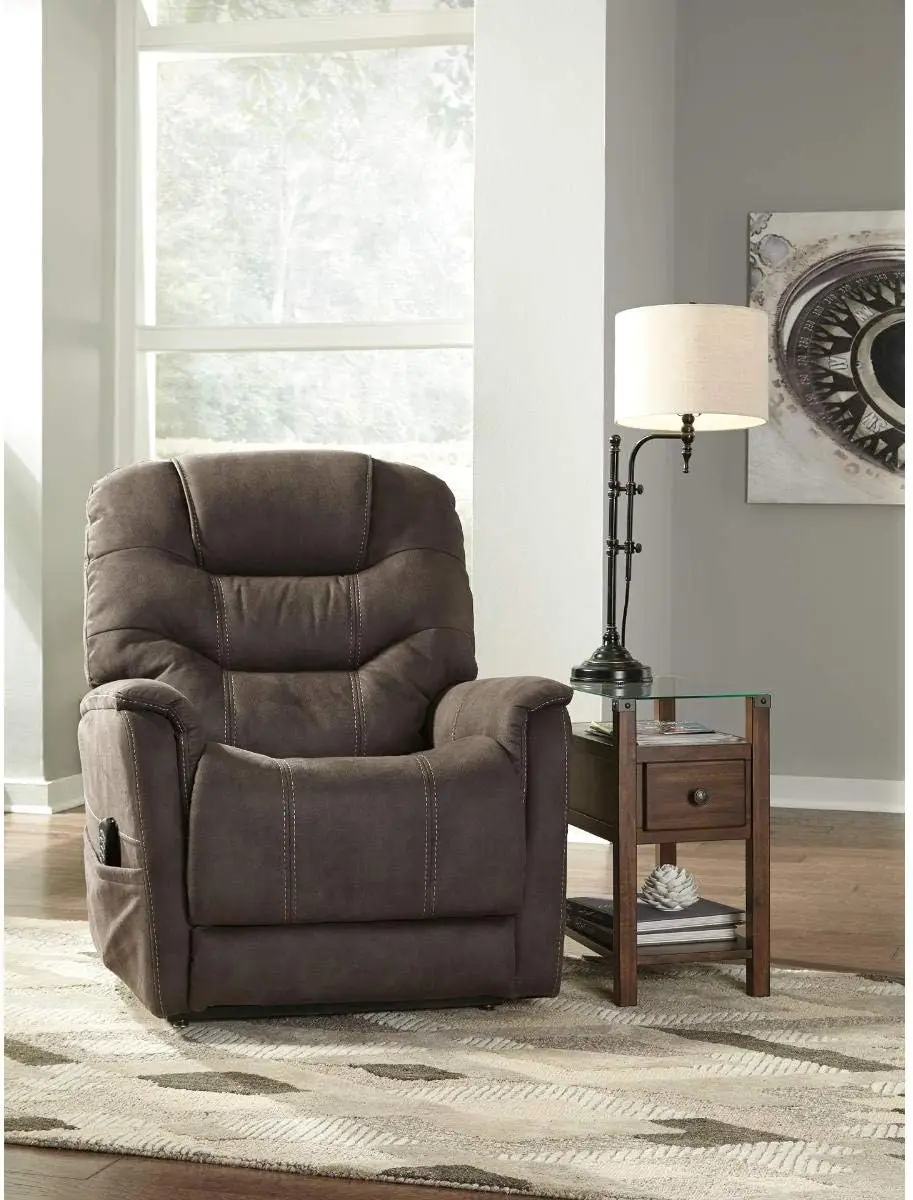 Sleek Contemporary Power Lift Recliner, Comfy Foam Cushion Seat Textile Surface, Perfect for Living Room, Brown