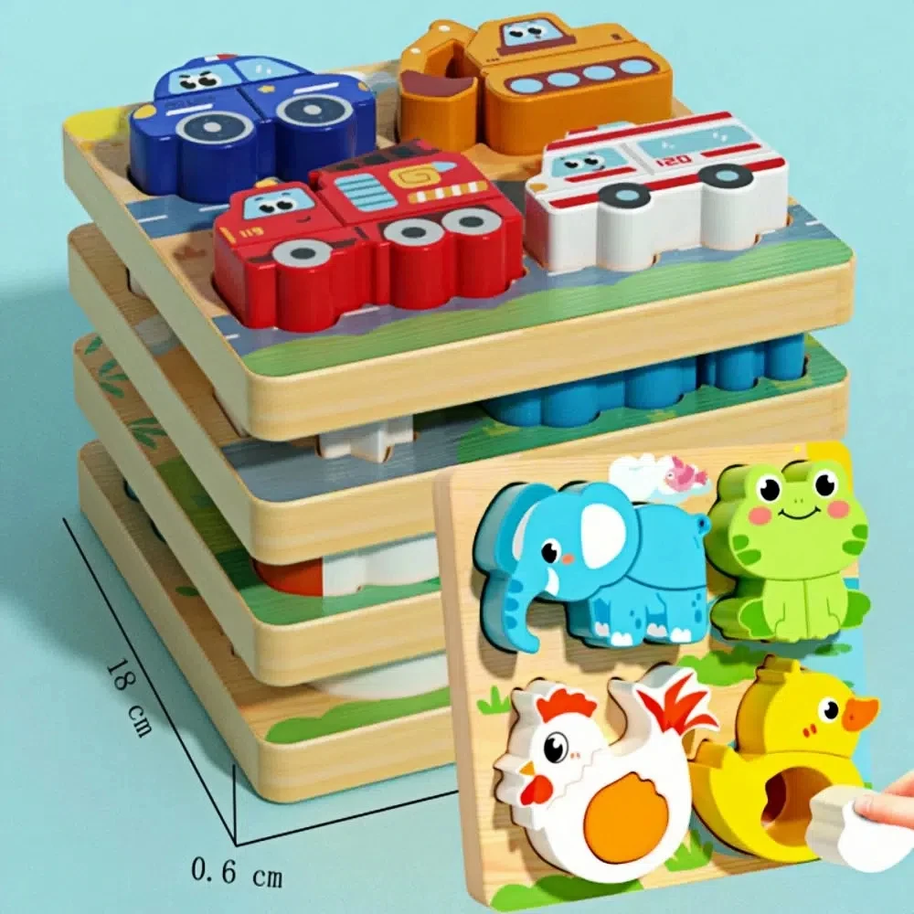 

4-in-1 Wood Puzzle 3D Safe Animals Cognitive Jigsaw Puzzle Portable Cartoon Early Learning Puzzle Set Children Educational Toys