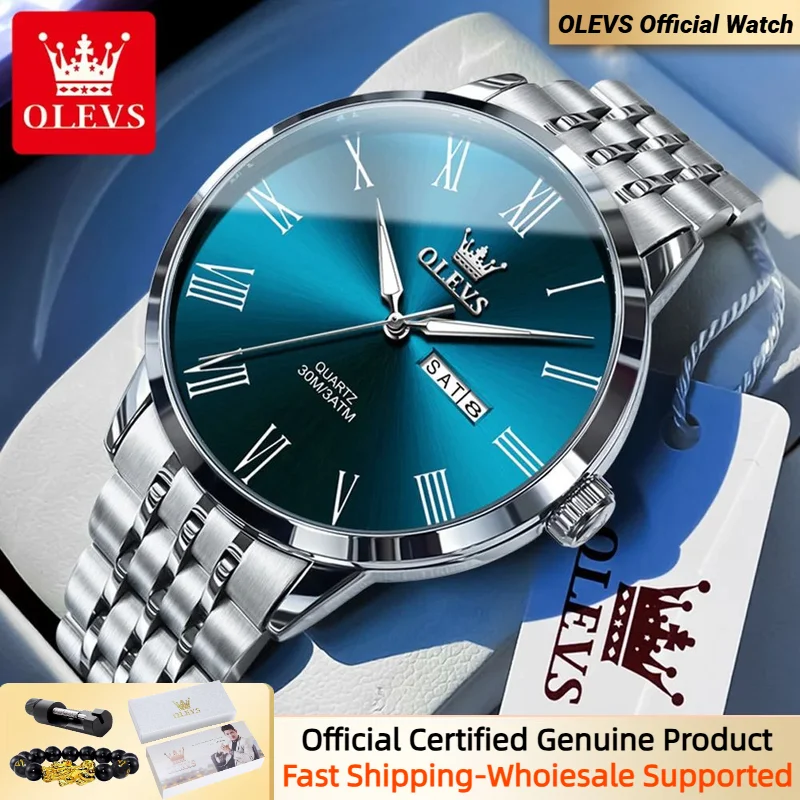 OLEVS-reloj ejecutivo de cuarzo para hombre, cronógrafo sencillo de acero inoxidable, resistente al agua, con calendario doble, marca Original