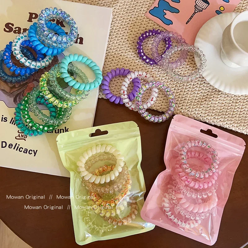 6Pcs/set Candy Color Hair Rope Girl Summer Telephone Wire Elastic Hair Band Frosted Spiral Cord Rubber Hair Tie Stretch Headband