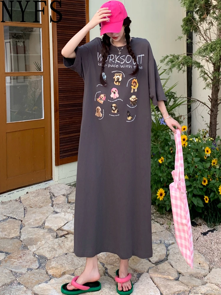 NYFS ฤดูร้อน 2025 ชุดสตรีหลวมพลัสขนาดการ์ตูนลูกสุนัขพิมพ์เสื้อยืดแขนสั้นชุดยาว Robe Elbise