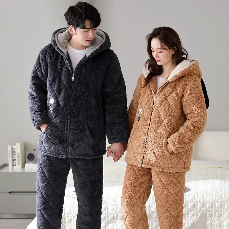 High Quality Winter Couple Pajamas Set Thick Warm 3 Layer Clip Cotton Pyjamas Lovers Home Clothing