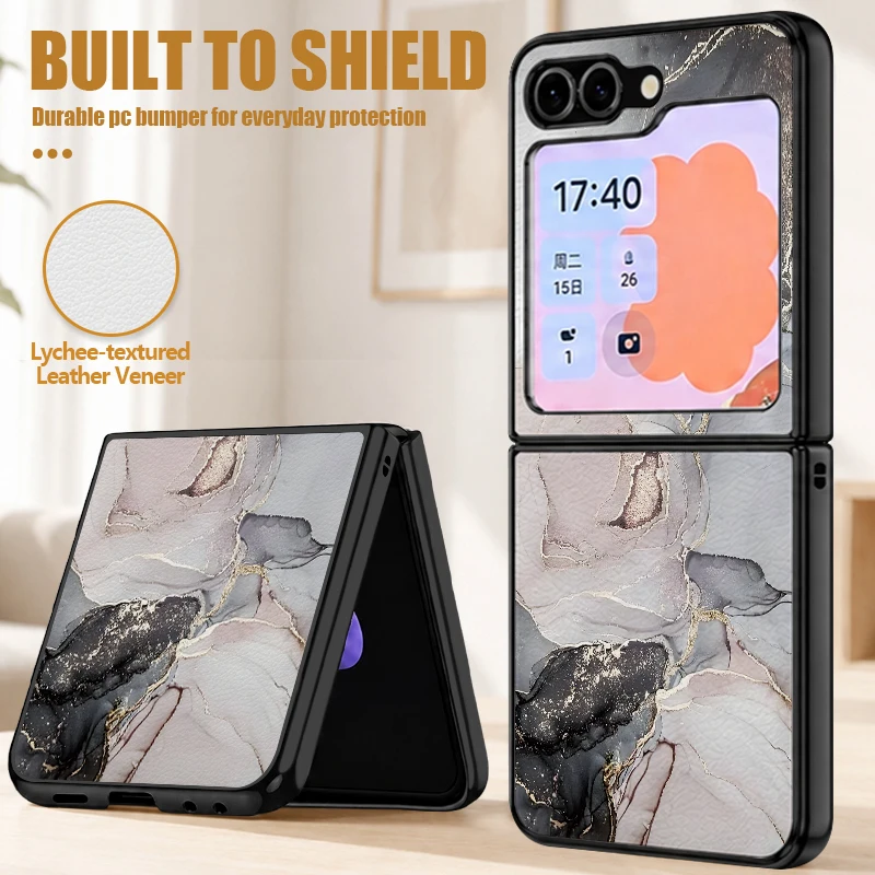 Premium PU Leather Phone Case For Samsung Galaxy Z Flip 8 7 FE 6 5 4 Marble Pattern Hard PC Back Cover For Galaxy Z Flip8 Flip7
