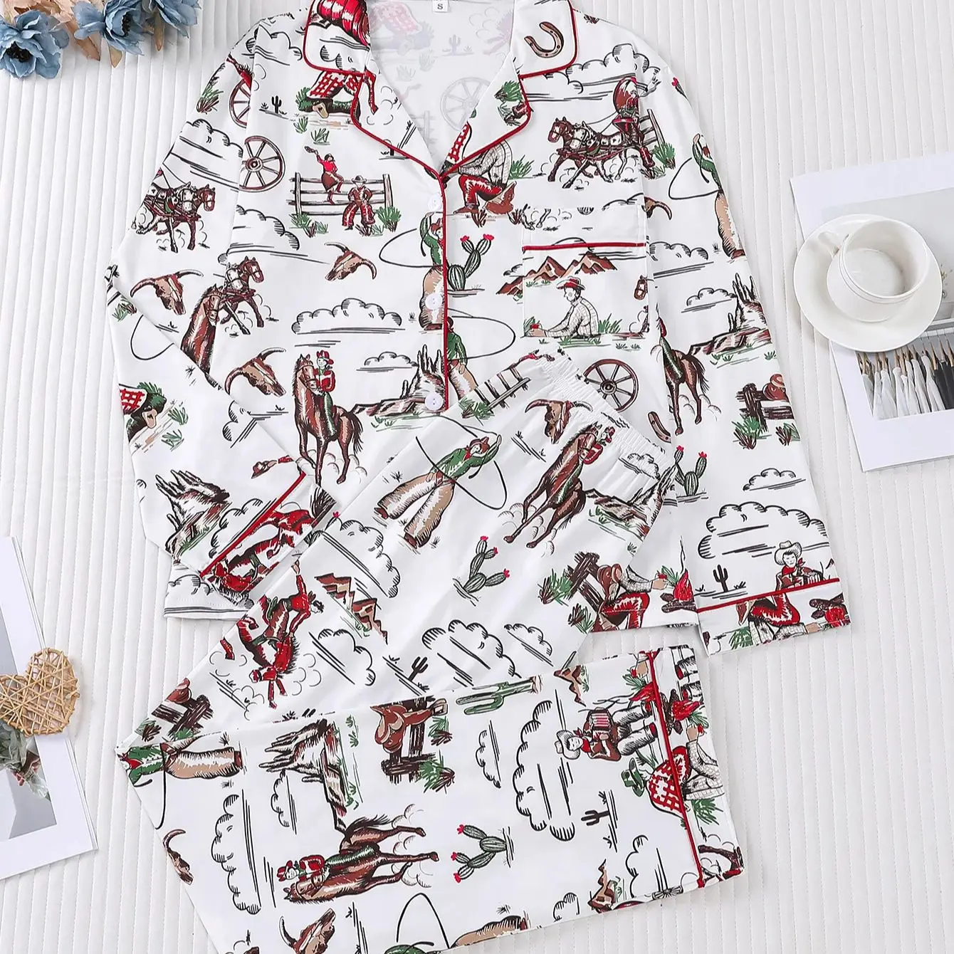 

American retro western denim pajama set for women with lapels, long sleeves, pants, casual vacation home wear