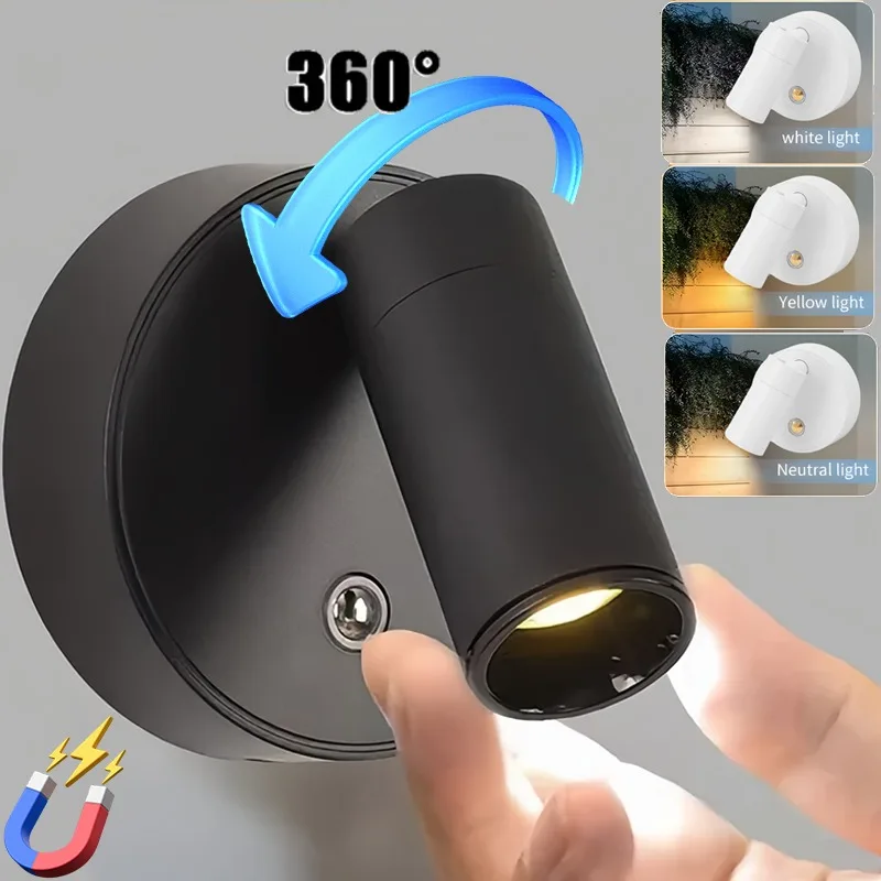 

Светодиодные магнитные настенные светильники с USB-аккумулятором 360° ° Вращающийся сенсорный прожектор, беспроводной регулируемый светильник для чтения без удара для спальни