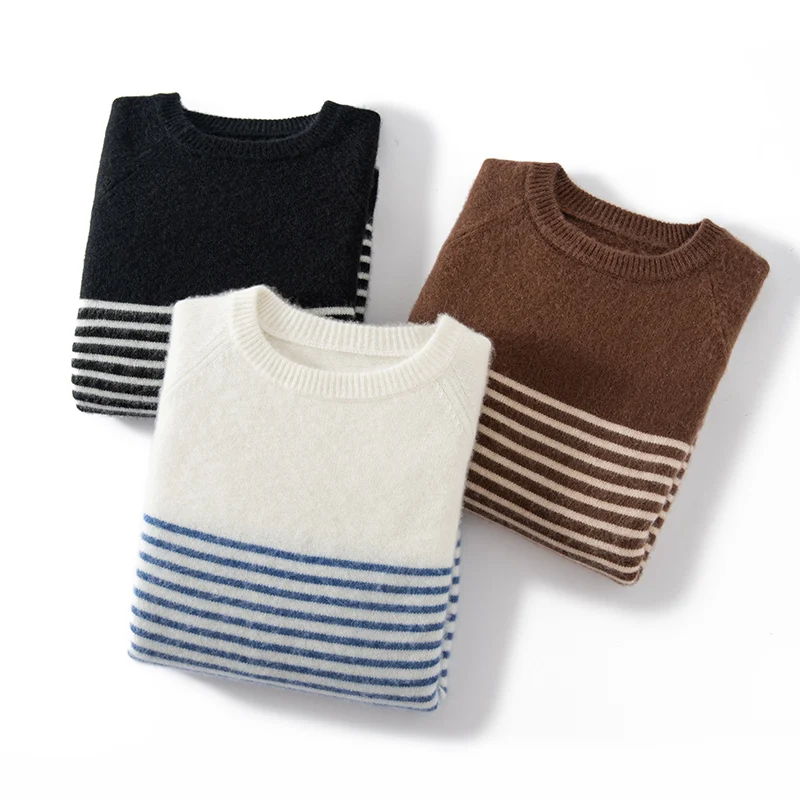 

Пуловер из 100% кашемира, женский свитер с круглым вырезом, полосатый трикотаж, осень-зима, плотные базовые свободные удобные кашемировые топы для отдыха