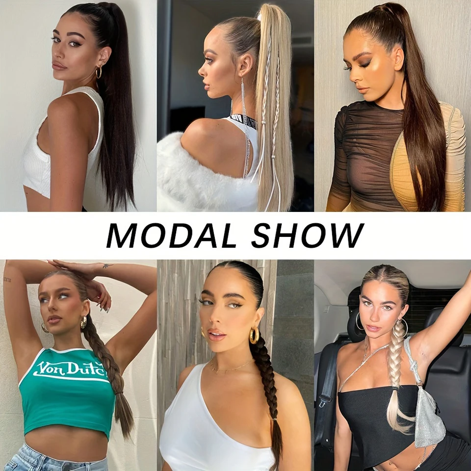 Extensiones de cola de caballo sintética de 24 pulgadas, postizo de cola de caballo trenzado Natural negro, banda de goma larga y recta para mujer