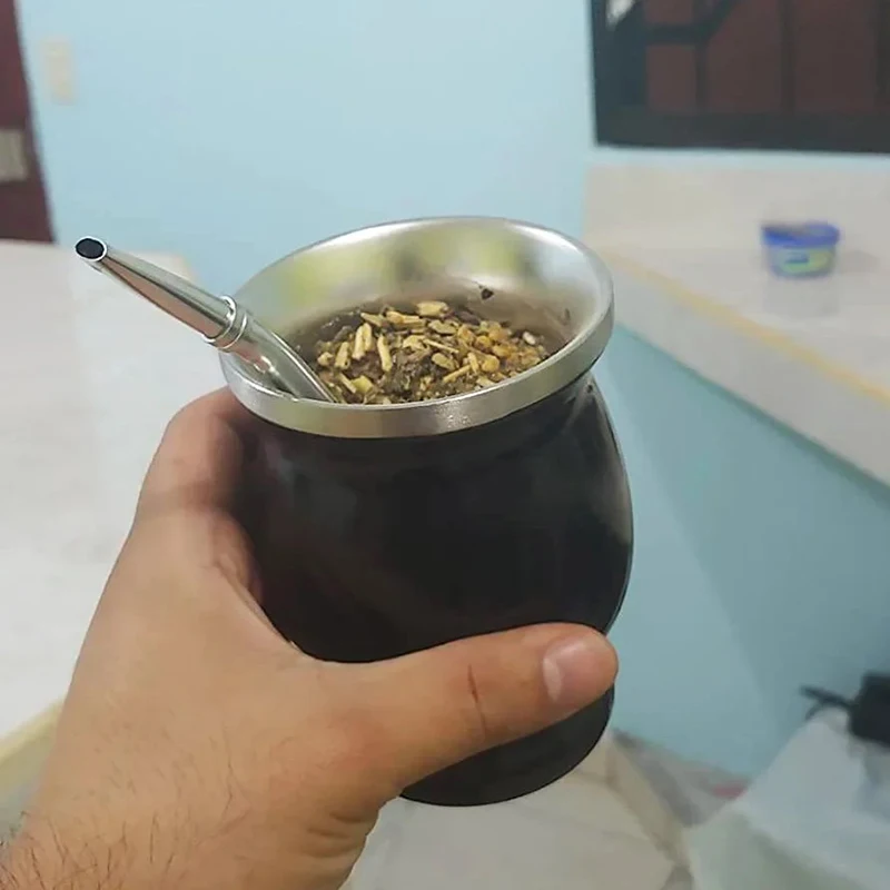 Household 304 Stainless Steel Yerba Mate Cup 8oz Double Wall Argentine Yerba Mate Gourd With Bombillas And Cleaning Brush