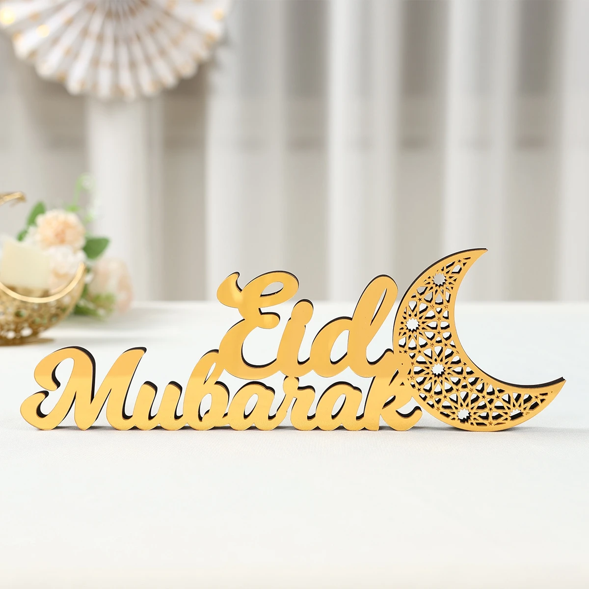 Eid Mubarak Golden Acrylic Wooden Ornament Ramadan Decoration for Home 2026 Eid Al Adha Gifts Islamic Muslim Party Supplies