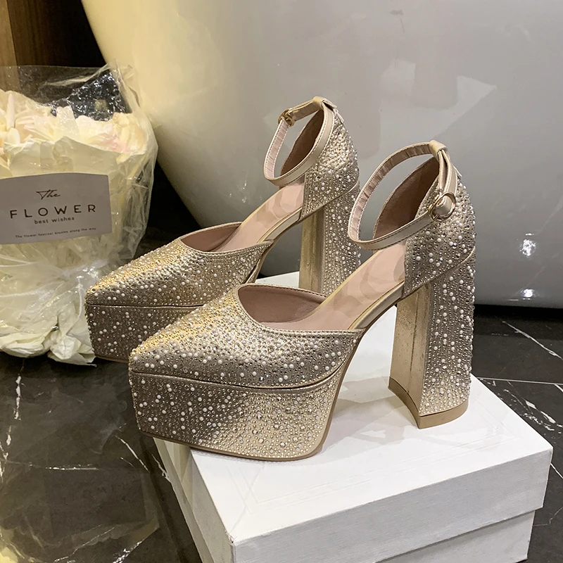 Spitze Sandalen mit Dickem Absatz 2026 Frühling und Herbst Neu 13cm Strass High Heels Wasserdichte Plateau Damenschuhe Abendpumps