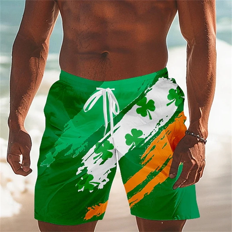 Shamrock Element St.Patrick’S Day Short Pants Men 3d Print Green Beach Shorts Casual Hawaiian Holiday Swim Trunks Kids Clothing