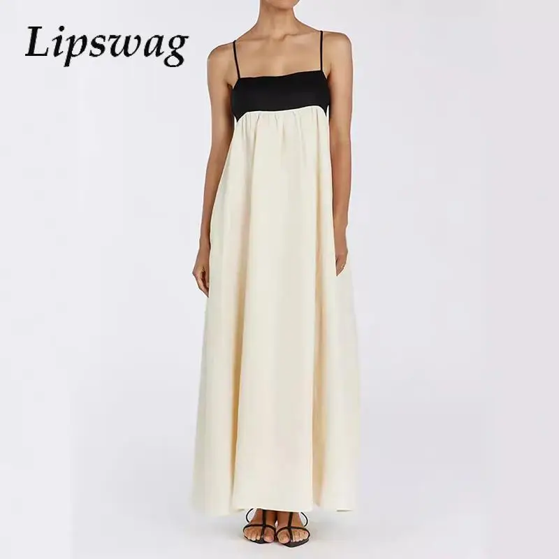 

2024 New Summer Women's Contract Color Dresses Fashion Suspender High Waist Long Dress Sexy Sleeveless Pleat Holiday Beach Dress