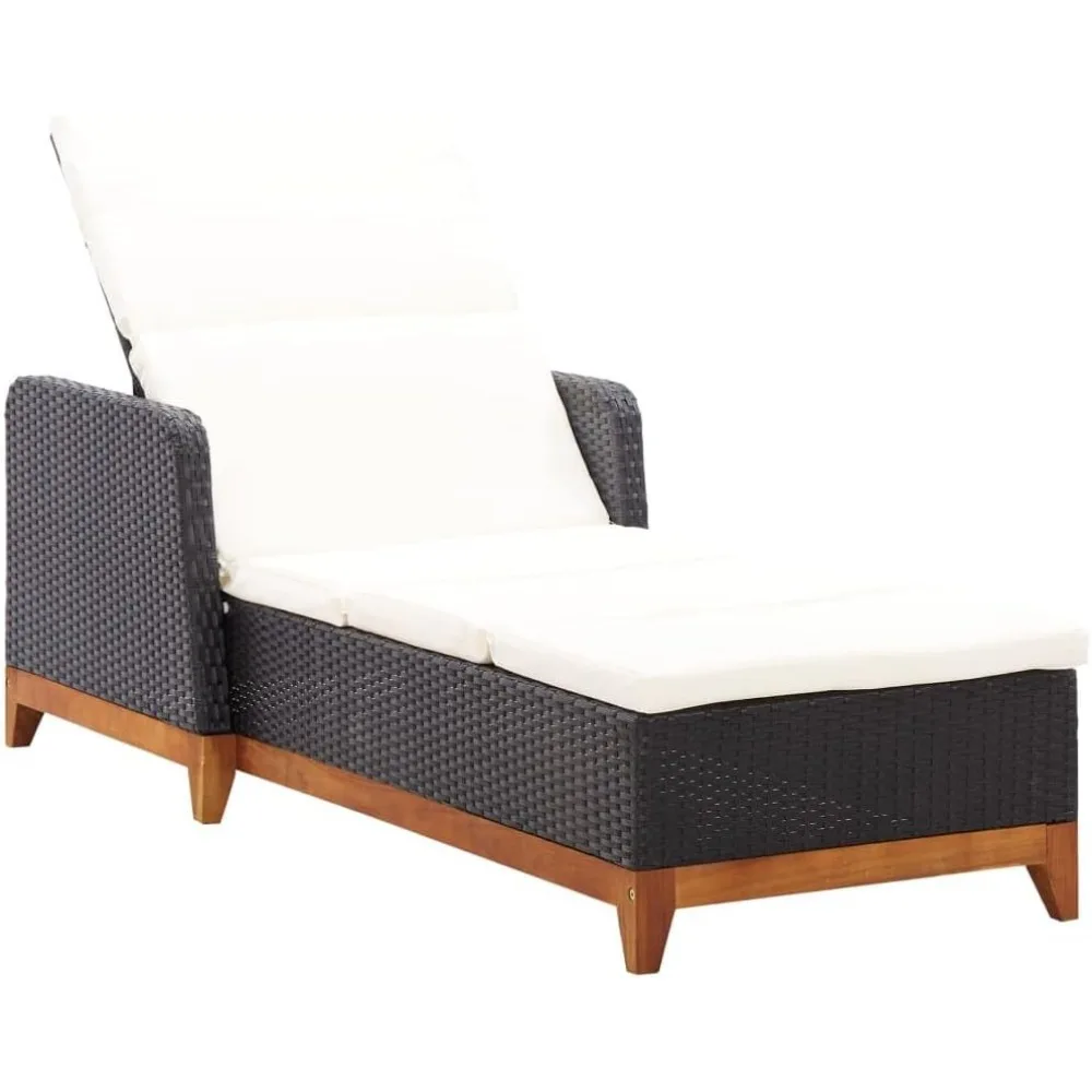 

Comfortable Outdoor Relaxation with Adjustable Sun Lounger, Durable Rattan and Solid Acacia Wood, Black with Cream White Cushion