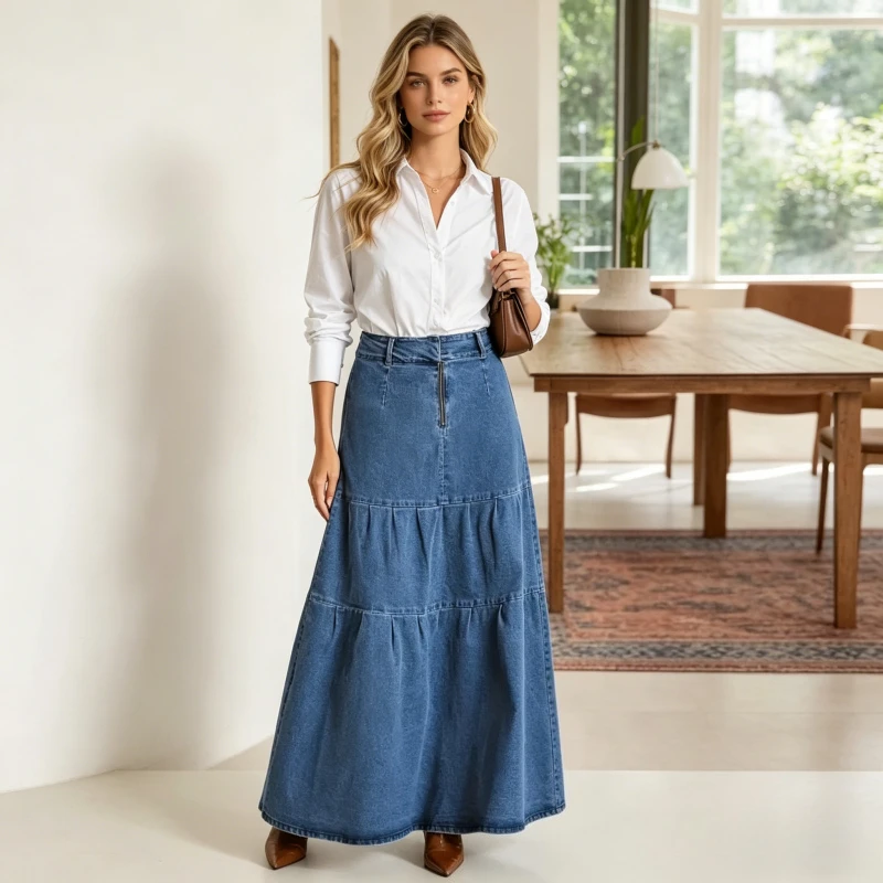 

Джинсовая длинная юбка для женщин, винтажная, однотонная, с высокой талией, на молнии, базовая, А-силуэт, повседневная, 2026, уличный стиль, лето
