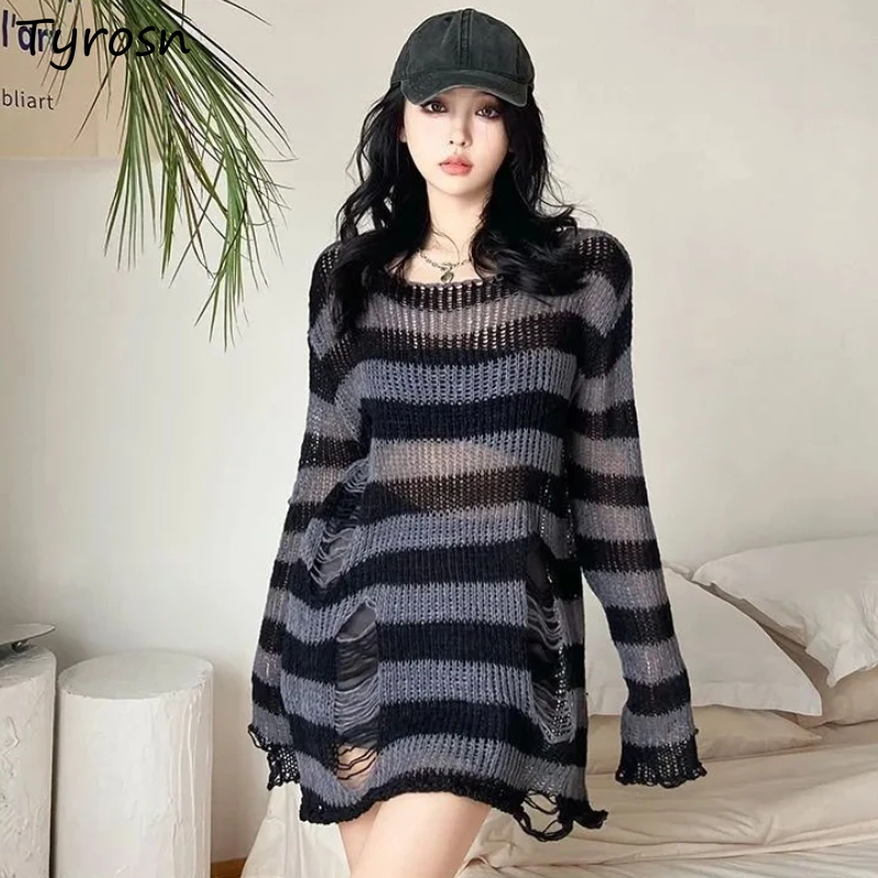 

Striped Pullovers Women Lazy Vintage Frayed Autumn Streetwear Hole Personality Kpop Soft Knitted Ulzzang Aesthetic Gothic Girls