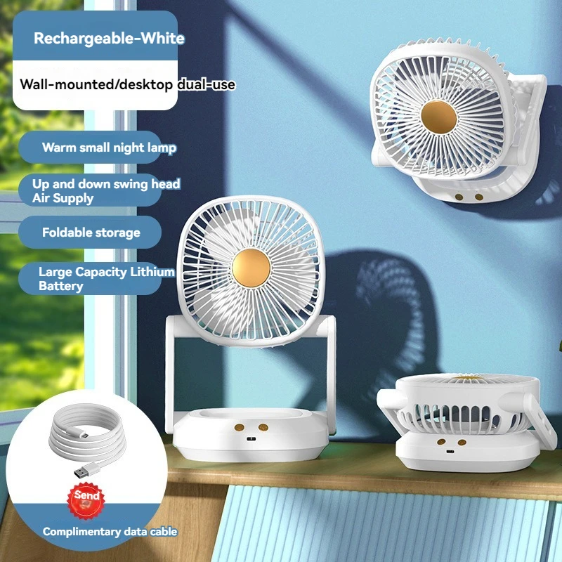 Ventilador de iluminación recargable USb, ventilador pequeño plegable de doble propósito montado en la pared, uso al aire libre, dormitorios de estudiantes, camas, hogar
