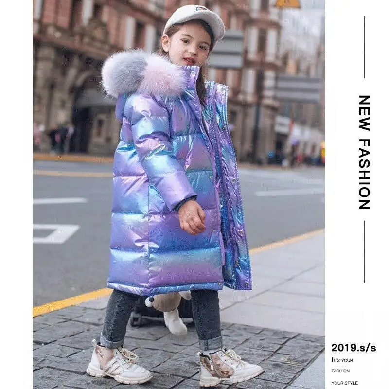 3-14 Years Old Winter Boys Girls Jacket Long Style Hooded Fur Collar Colorful Heavy Coat For Kids Children Outerwear