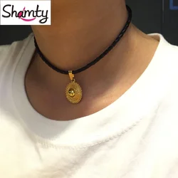 Shamty Pure Gold Color Ethiopian Choker Necklace Jewelry Black Leather Rope Nigeria Sudan Eritrea Kenya Habesha style item