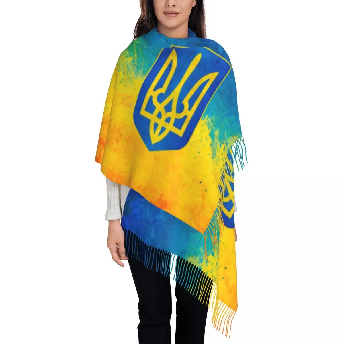 

Женская длинная шаль с украинским флагом, мягкая теплая шаль с кисточками, украинский шарф-пальто