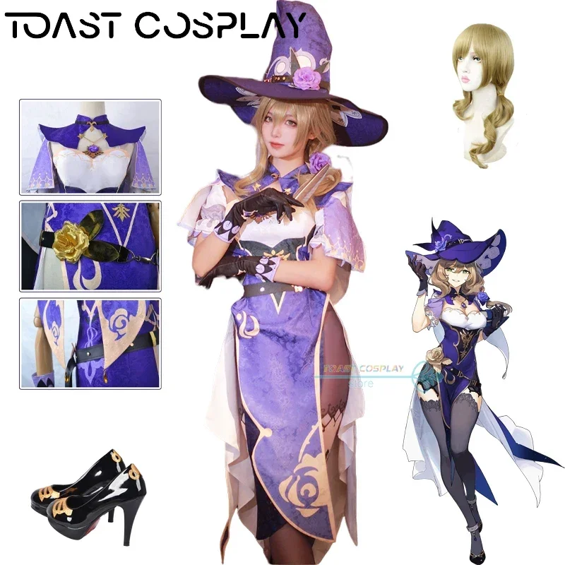 Juego de Cosplay de Lisa Minci Genshinimpact Lisa Minci, disfraz de Cosplay, vestido, peluca, zapatos, conjunto completo, ropa de fiesta de Carnaval