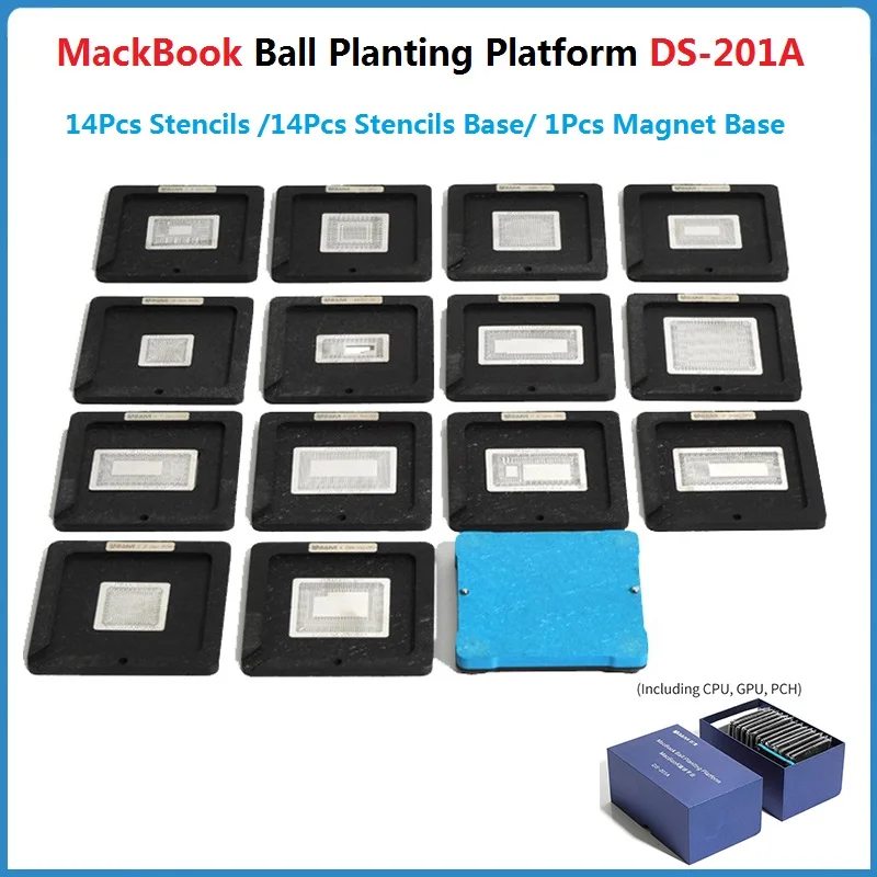 

14 in1 Macbook Ball Planting Platform CPU GPU PCH Reballing Station Kit And Stencils Magnetism Lock Repair Jigs Fixtures DS-201A