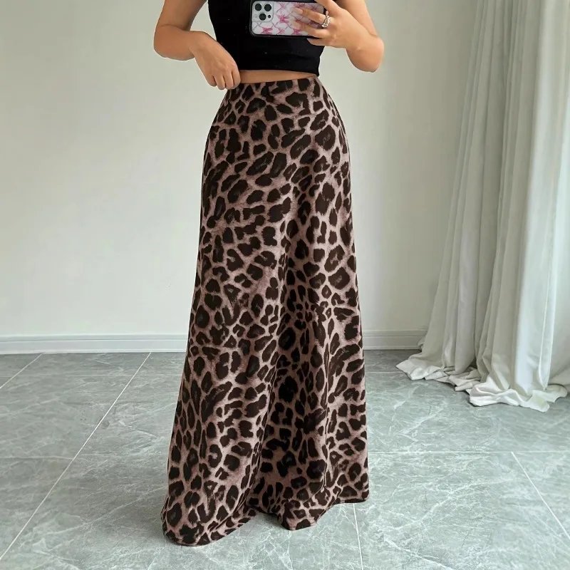 Retro Leopard Print Skirt Women's Summer Temperament Leopard Print High Waist A Word Medium and Long Skirt