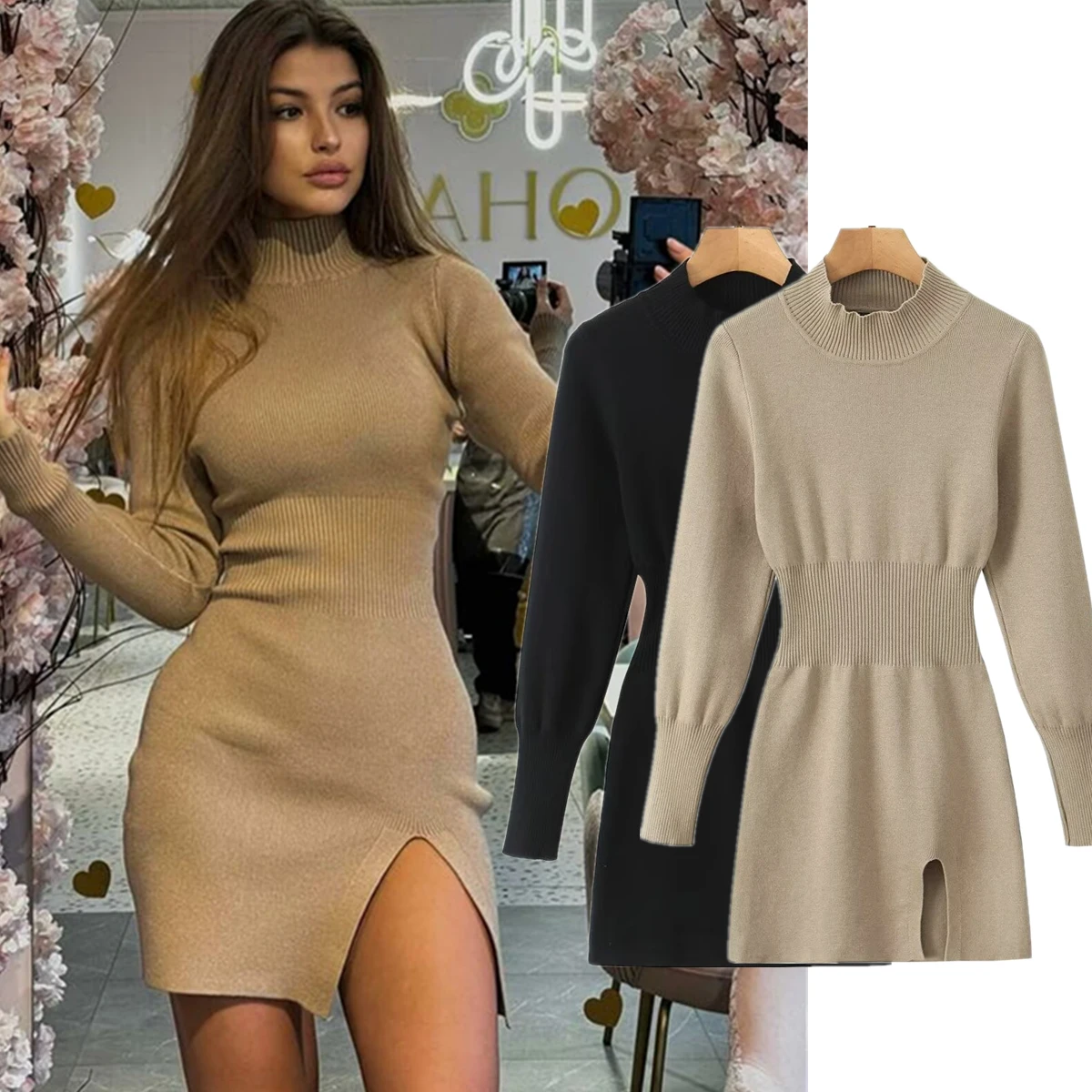 

Jenny&Dave Fashion Blogger Turtleneck Sheath Sexy Forking Mini Long Dress Sleeve Knitted Dress Women For Winter