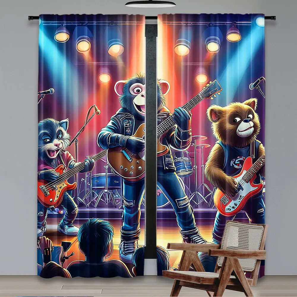 2Pcs Animals Band Curtain Whimsical Concert Monkey With Keyboardist And Guitarist For Bedroom Living Room And Dining Room