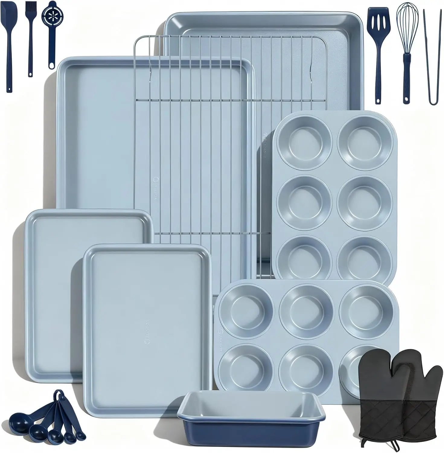 

22-Piece Non-Stick Baking Set with Stackable Pans, Oven Mitts & Utensils - Gray & Navy Blue