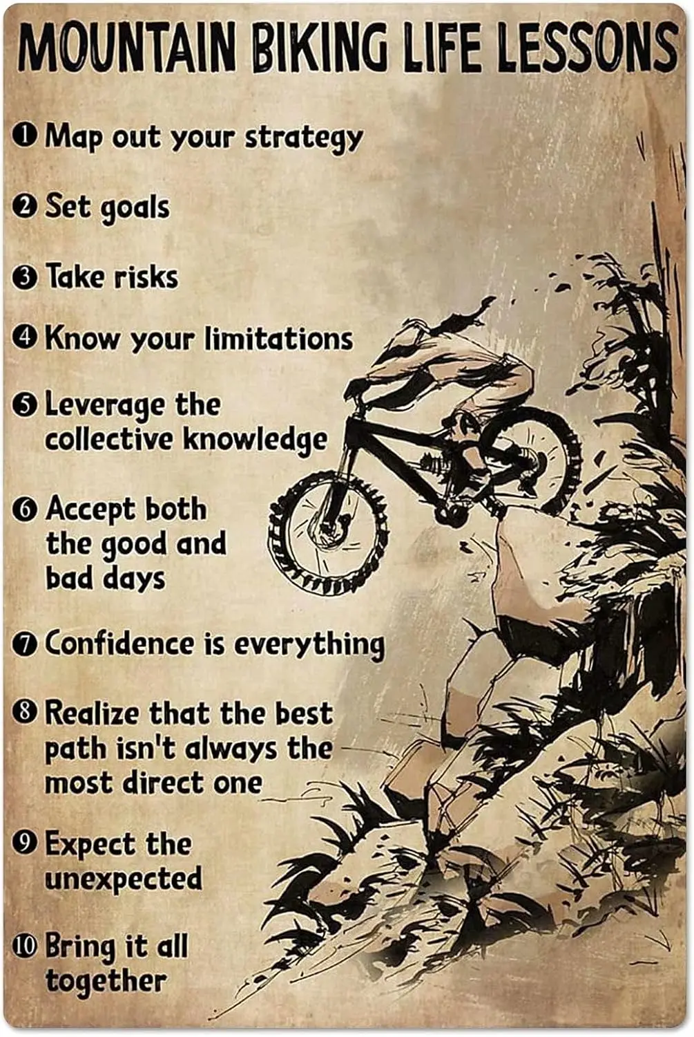 Mountain Biking Life Lessons Metal Signs Room Decor Cyclist Knowledge Retro Plaque Club Outdoor Home Wall Decor Posters 12x18 I