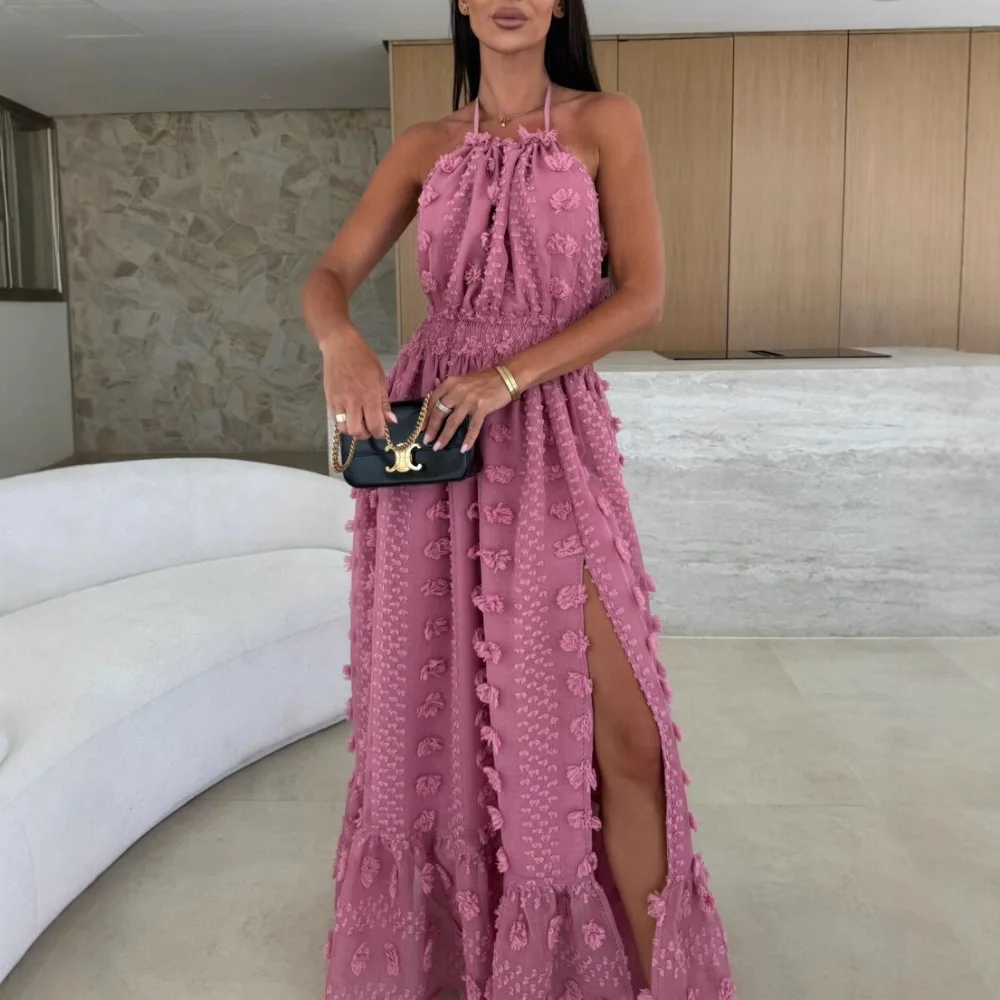 Mulheres sexy verão halter 3d flor malha fenda vestido de noite sem costas franzido plissado hem dupla camada maxi vestido