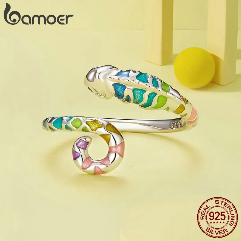 Bamoer 925 Sterling Silver Colorful Chameleon Opening Ring Enamel Process Animal Adjustable Ring for Women Fine Jewelry