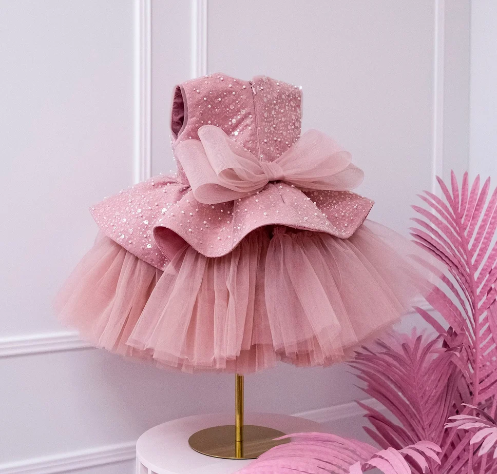 Shiny Dusty Pink Flower Girl Dresses Knee Length Tulle Birthday Party Dress Bow Sleeveless Pageant Toddler Christmas Dresses