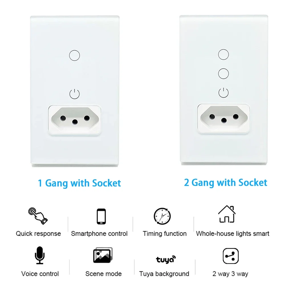 Shawader Tuya Wifi Smart Brazil Light Switch Intelligent Wall Socket Plug Outlet Glass Touch Panel Remote by Alexa Google Home