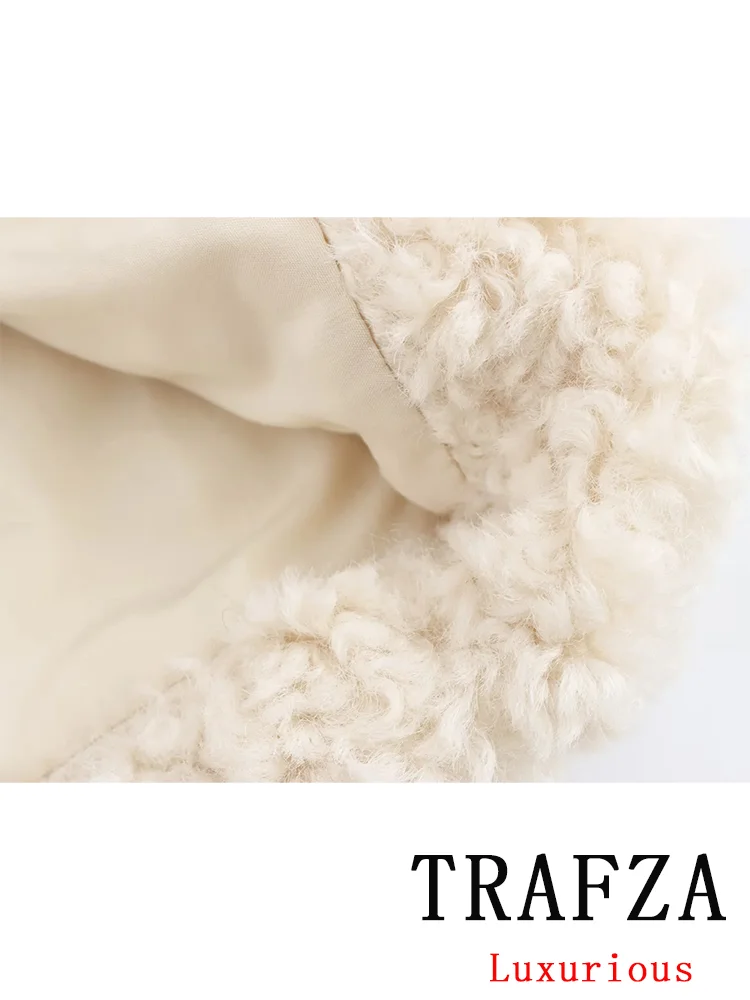 TRAFZA Vintage Faux Fur Women Jackets Solid Turn-down Collar Long Sleeve Warm Coat Chic White Fashion 2024 Winter Autumn Outwear