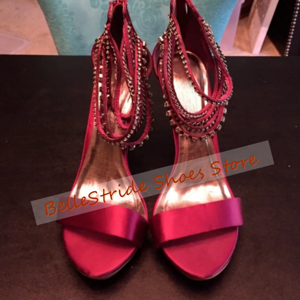 

Red Chain Decor Back Zipper Sandals Round Toe for Women Stilettos High Heels Fashionable Dinner Party 2025 Zapatos Para Mujeres